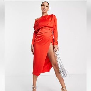 ASOS DESIGN Tall off shoulder satin midi dress ❤️❤️❤️